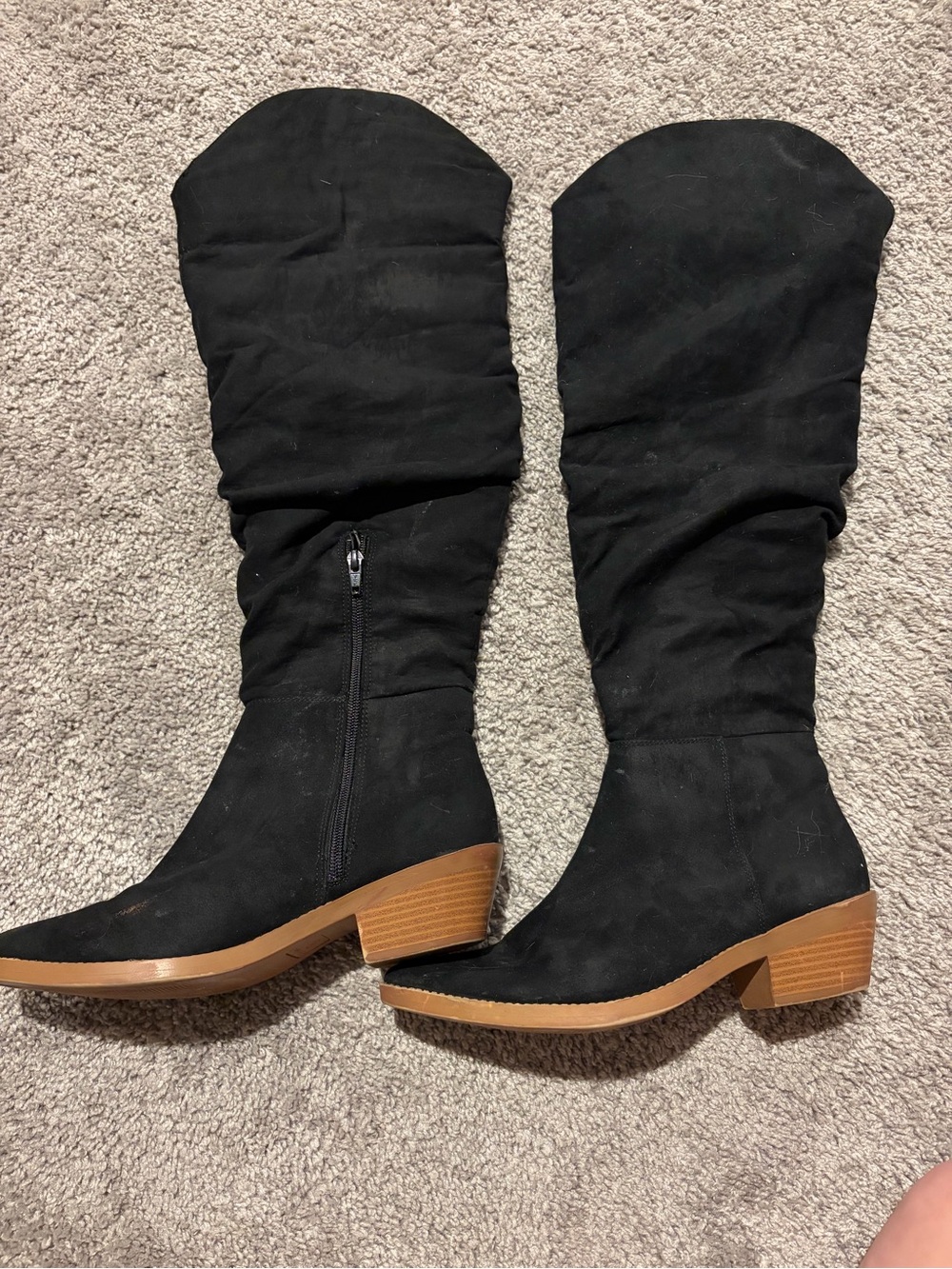 Women’s Black Mid-Calf Slouch Heel Boots with Tan Block Heel